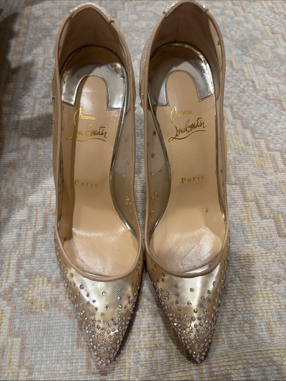 Christian Louboutin Nude Crystal-Embellished Pointed Toe Pumps - Picture 1 of 4